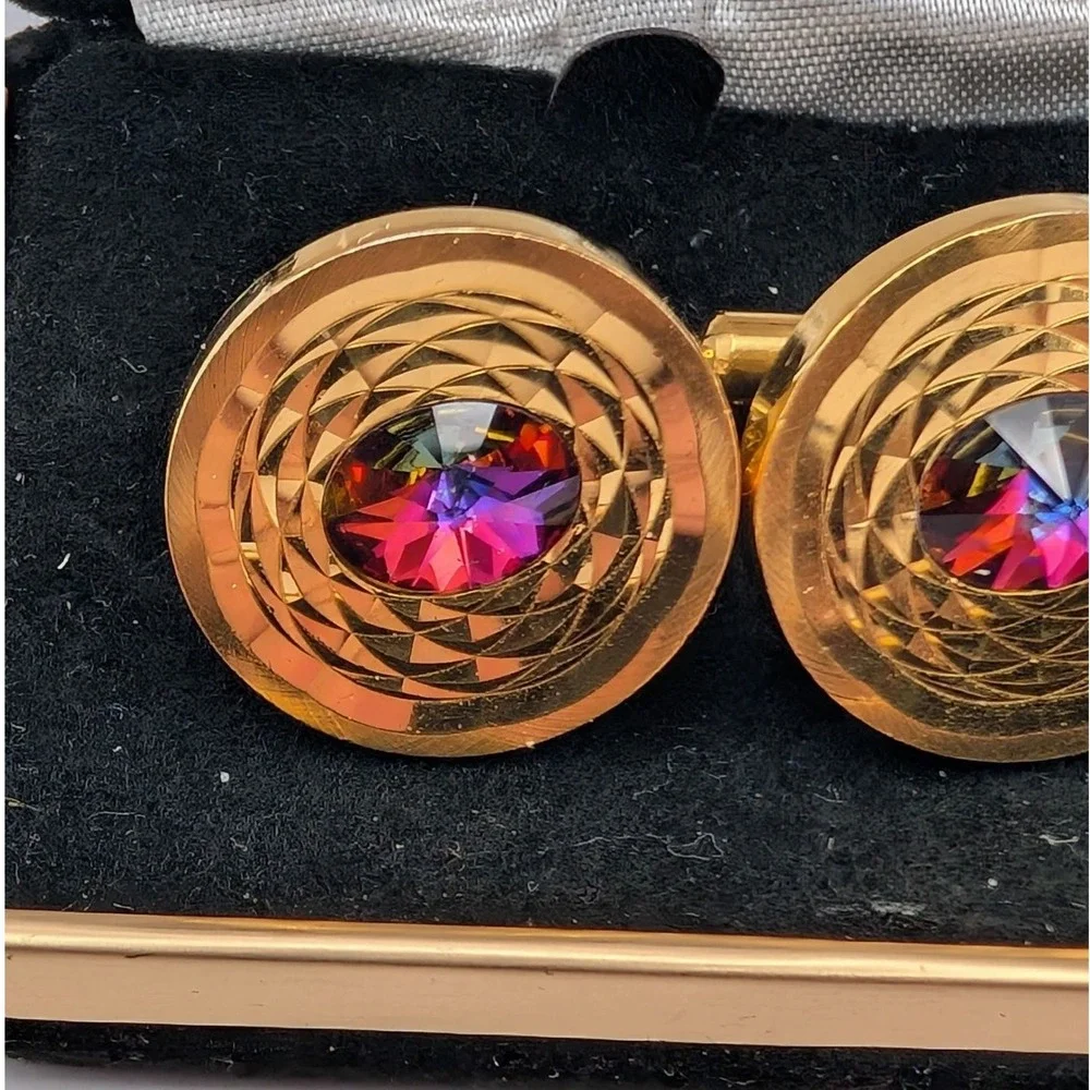 Vintage Louis Roth Gold Tone Iridescent Crystal Concentric Circle Cufflinks Box